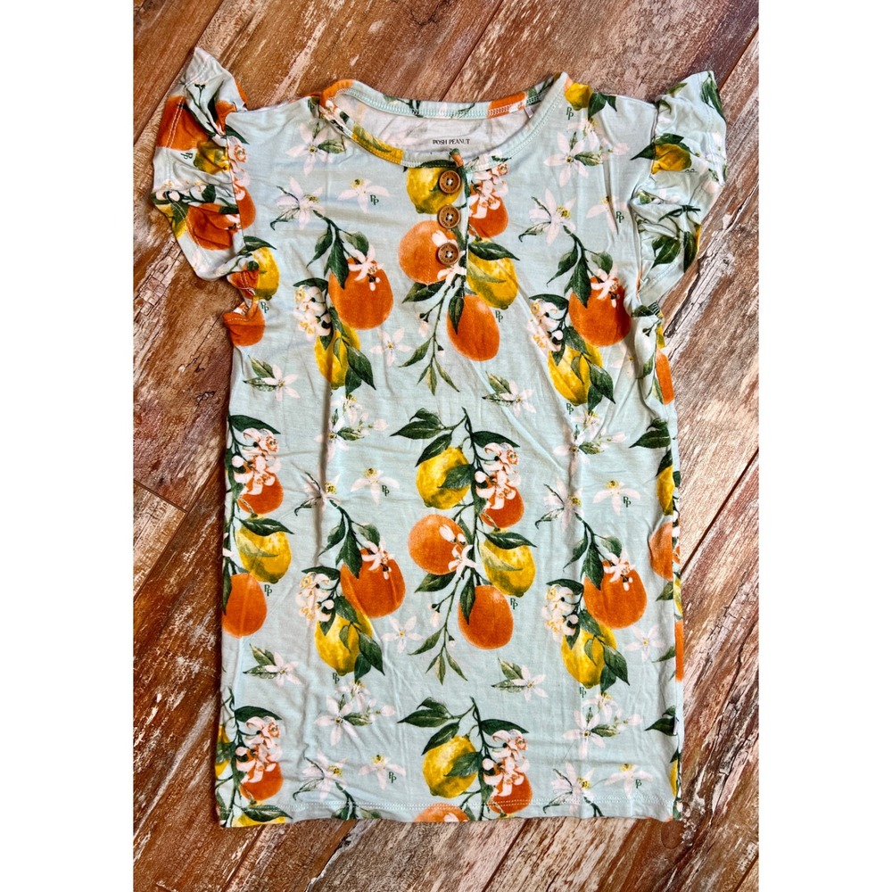Posh Peanut Girls Orange Blossom Flutter Sleeve Henley Bamboo Top 9Y Blue Citrus